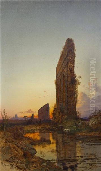 The Roman Aqueducts At Sunset Oil Painting by Hermann David Salomon Corrodi