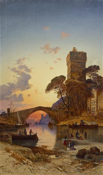 Fishing On The Bank Of The Tiber Oil Painting by Hermann David Salomon Corrodi