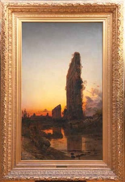 Veduta Dell'acquedotto Claudio Con Armenti Oil Painting by Hermann David Salomon Corrodi