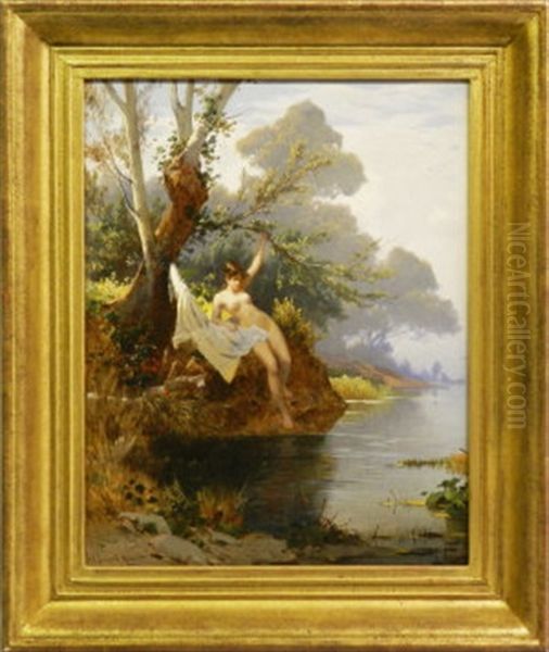 Female Nude On A Riverbank Oil Painting by Hermann David Salomon Corrodi