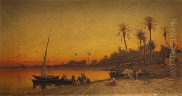 Orientalische Marktszene Am Strand Bei Sonnenuntergang Oil Painting by Hermann David Salomon Corrodi