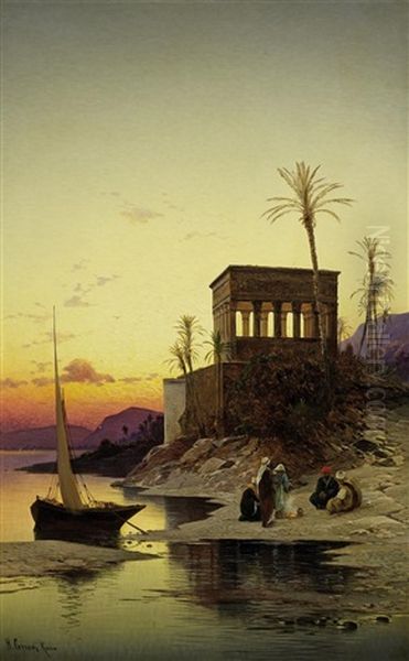 Abend Am Nil - Der Kiosk Des Trajan, Philae Am Nil Oil Painting by Hermann David Salomon Corrodi