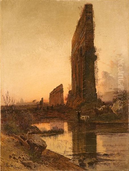 Mandria Di Bufali Presso Antico Acquedotto Con Roma In Lontananza Oil Painting by Hermann David Salomon Corrodi