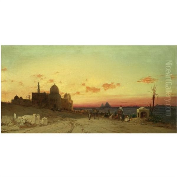 A View Of The Tomb Of The Caliphs With The Pyramids Of Giza Beyond, Cairo Oil Painting by Hermann David Salomon Corrodi