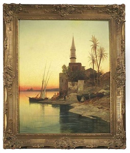 Nillandschaft Mit Einer Moschee Bei Sonnenuntergang. Im Hintergrund Blick Auf Die Pyramiden Von Gizeh Oil Painting by Hermann David Salomon Corrodi