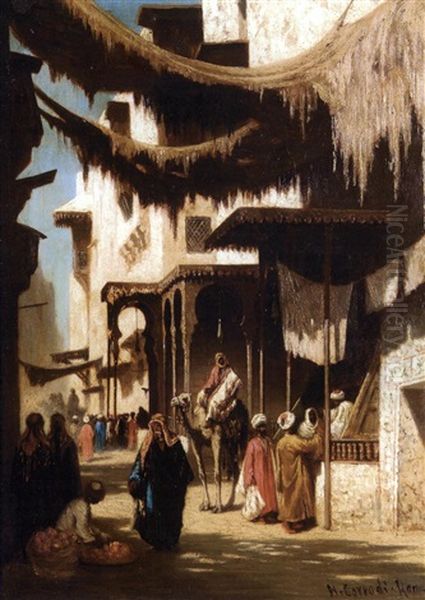 Foule Aux Portes Du Caravanserail Oil Painting by Hermann David Salomon Corrodi