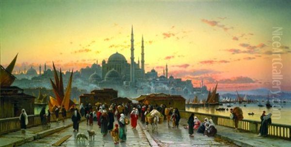 Le Pont De Galata Au Crepuscule Avec La Mosquee Yeni Valide Djami, Constantinople Oil Painting by Hermann David Salomon Corrodi