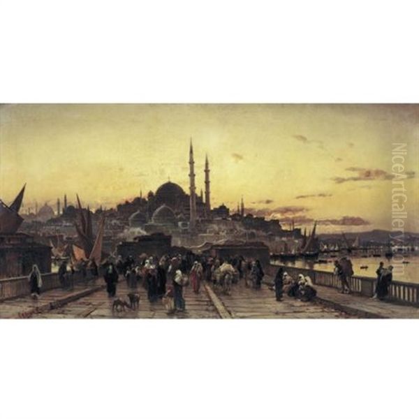 The Galata Bridge And The Yeni Valide Djami, Constantinople Oil Painting by Hermann David Salomon Corrodi