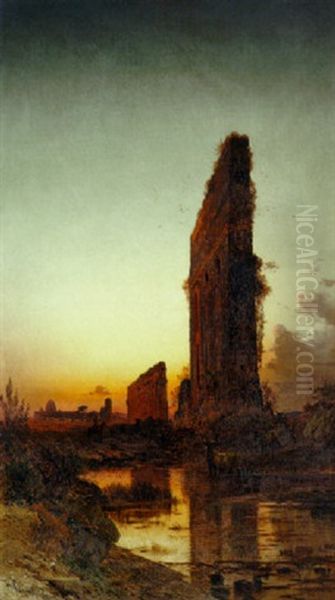 The Roman Aqueducts At Sunset Oil Painting by Hermann David Salomon Corrodi