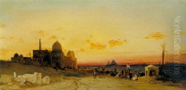 Arabs Camping, The Pyramids In The Distance Oil Painting by Hermann David Salomon Corrodi