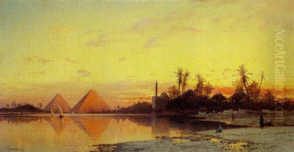 Sunset Over The Pyramids Oil Painting by Hermann David Salomon Corrodi