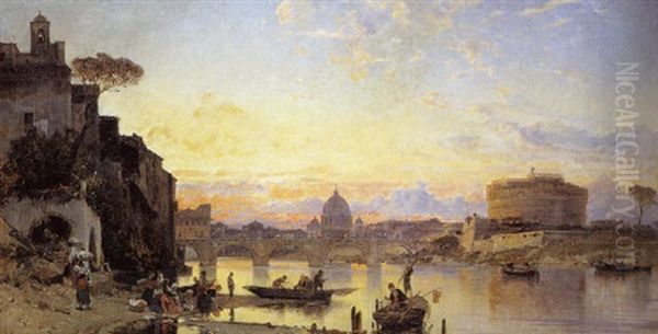 Gezicht Op De Tiber En De Engelenburcht Te Rome Oil Painting by Hermann David Salomon Corrodi