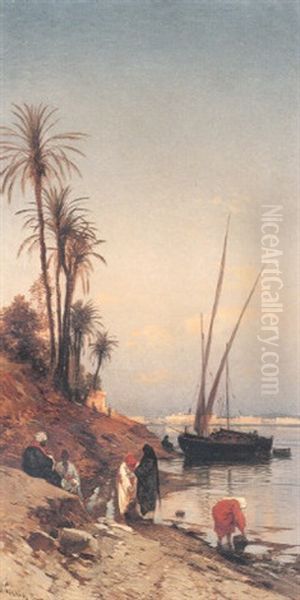 Fetching Water On The Banks Of The Nile Oil Painting by Hermann David Salomon Corrodi