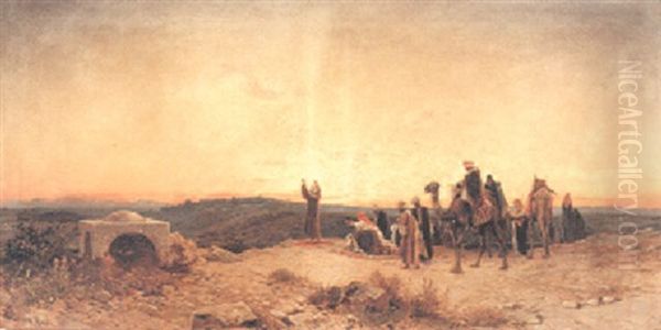 Arabs At Prayer On A Hillside Oil Painting by Hermann David Salomon Corrodi