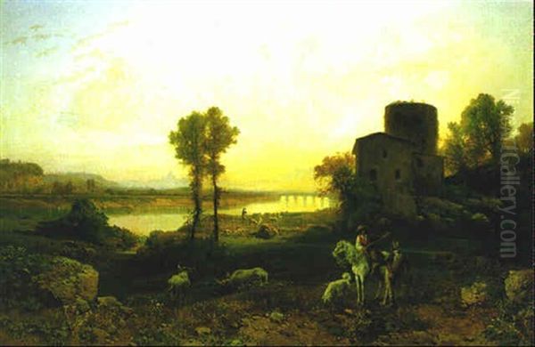 Weideszene Am Tiber Mit Blick Auf Rom Oil Painting by Hermann David Salomon Corrodi