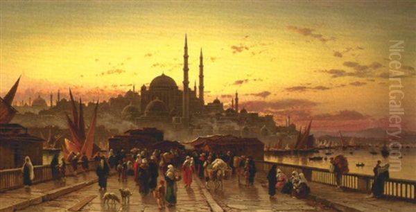 Dusk On The Galata Bridge And The Yeni Valide Djami, Constantinople Oil Painting by Hermann David Salomon Corrodi