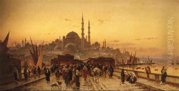 The Bridge Of Galata With The Yeni Valide Djami Mosque, Constantinople Oil Painting by Hermann David Salomon Corrodi