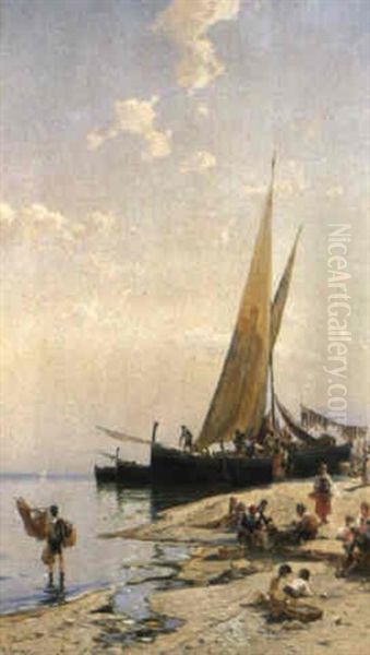 Marina A Napoli Oil Painting by Hermann David Salomon Corrodi