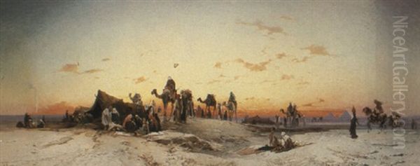 A Caravan In The Egyptian Desert By Pyramids Oil Painting by Hermann David Salomon Corrodi