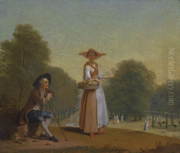 A Fruitseller And A Man Resting, A Park Beyond Oil Painting by Pieter Angillis