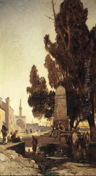 Arabs By A Fountain Outside An Egyptian City Oil Painting by Hermann David Salomon Corrodi