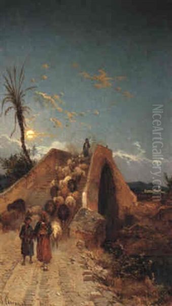 Arab Shepherds On A Bridge Oil Painting by Hermann David Salomon Corrodi