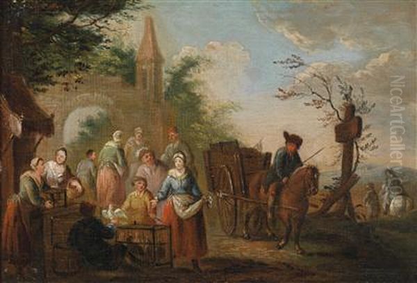 A Poultry Vendor In Front Of A Towngate Oil Painting by Pieter Angillis