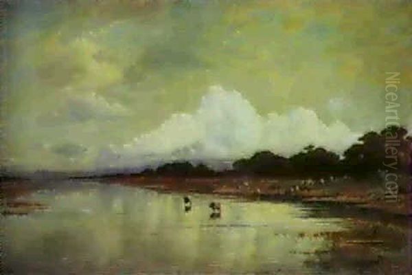 Buffalo By A Lake Oil Painting by Hermann David Salomon Corrodi