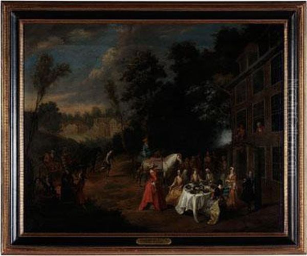 Elegant Party Outside A Country Inn Oil Painting by Pieter Angillis