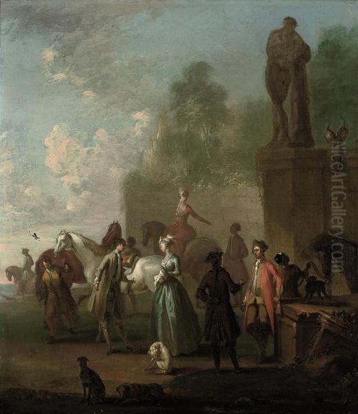 A Hunting Party At Rest Beneath A Sculpture Of Hercules Oil Painting by Pieter Angillis