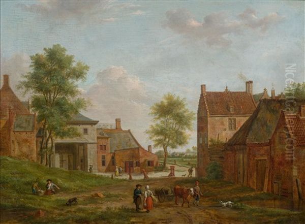 Lively Village Scene Oil Painting by Hendrik Frans de Cort