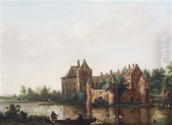 Riverside Chateau Oil Painting by Hendrik Frans de Cort