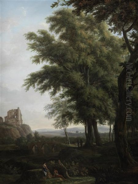 Figures In A Classical Landscape, With Chepstow Castle On The Horizon Oil Painting by Hendrik Frans de Cort