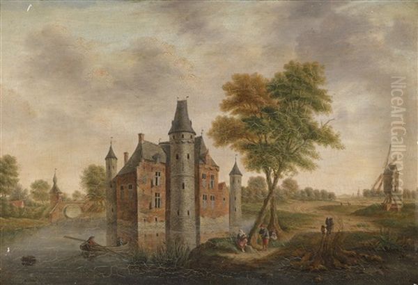 Landschaft Mit Einer Wasserburg Und Einer Windmuhle Oil Painting by Hendrik Frans de Cort