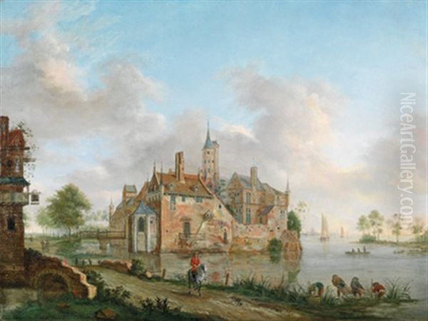 Seenlandschaft Mit Einem Wasserschloss, Einem Wirtshaus, Fischern Und Reitern Oil Painting by Hendrik Frans de Cort