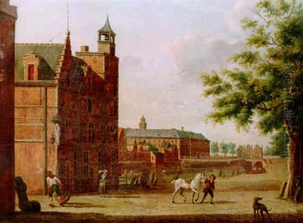 View Of A Town With Figures By A Canal Oil Painting by Hendrik Frans de Cort