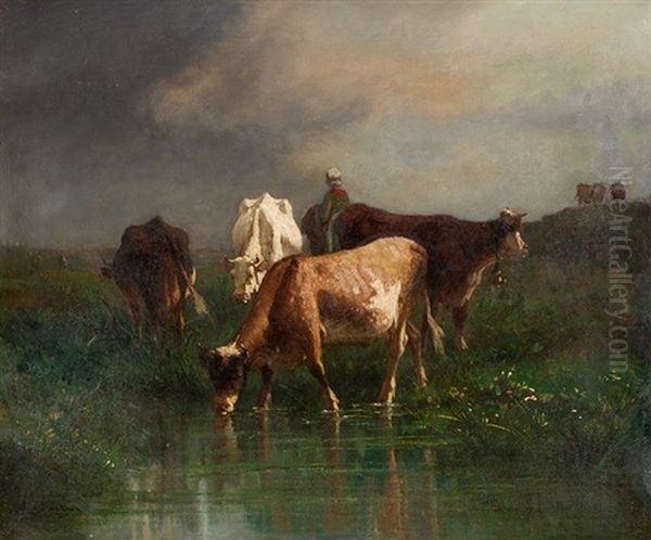 Vacas Bebiendo En El Charco Oil Painting by Antonio Cortes Cordero