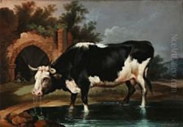 A Bull At A Lake Oil Painting by Antonio Cortes Cordero