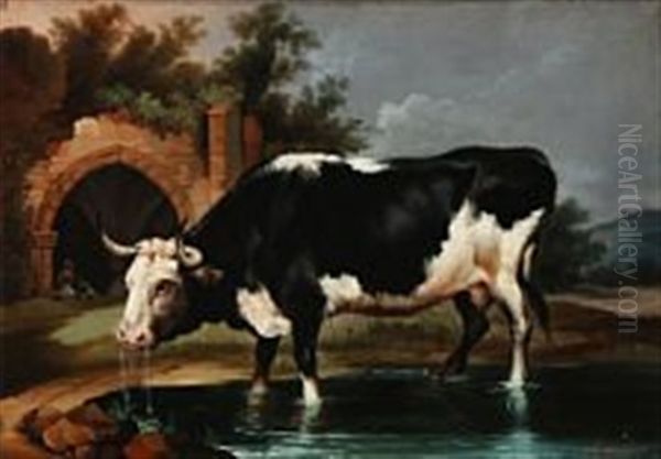 A Bull At A Lake Oil Painting by Antonio Cortes Cordero