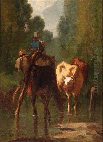 Watering Livestock (pair) Oil Painting by Antonio Cortes Cordero