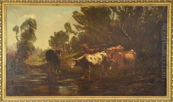 Cattle In A Landscape Oil Painting by Antonio Cortes Cordero