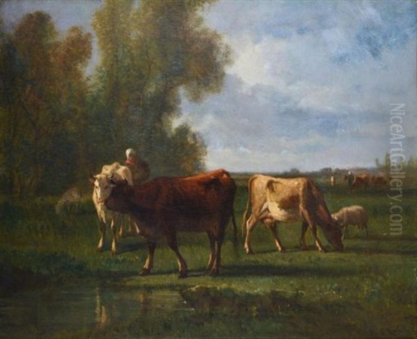 Paysanne Et Ses Vaches A La Mare Oil Painting by Antonio Cortes Cordero