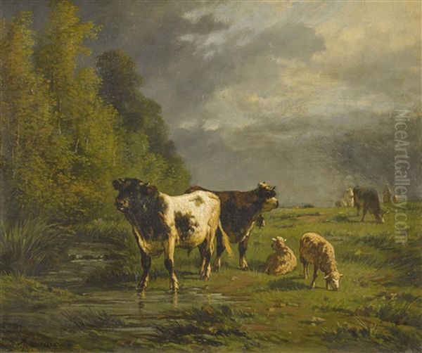 Aufziehendes Gewitter Mit Vieh Am Waldrand Oil Painting by Antonio Cortes Cordero