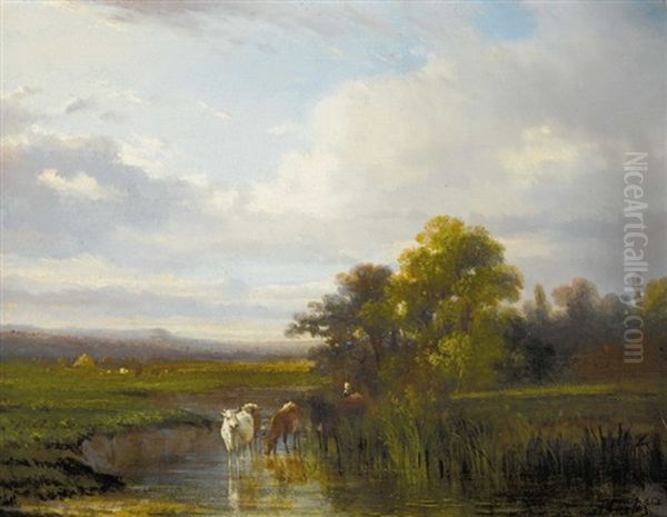 Abendlandschaft Mit Vieh Am Fluss Oil Painting by Antonio Cortes Cordero