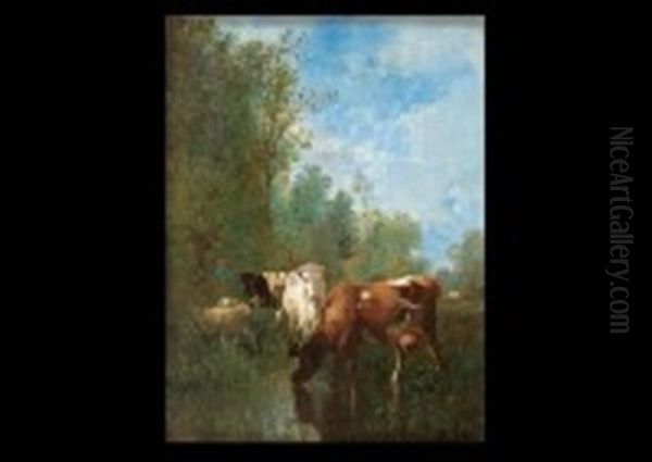 Vaches A La Mare Oil Painting by Antonio Cortes Cordero