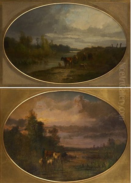 Troupeaux Au Coucher (+ Lever Du Soleil; 2 Works) Oil Painting by Antonio Cortes Cordero