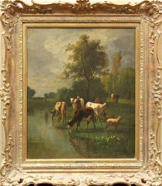 Landscape With Cows Watering Oil Painting by Antonio Cortes Cordero