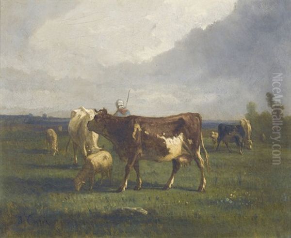 Weidepartie Mit Hirte, Kuhen Und Schafen Oil Painting by Antonio Cortes Cordero