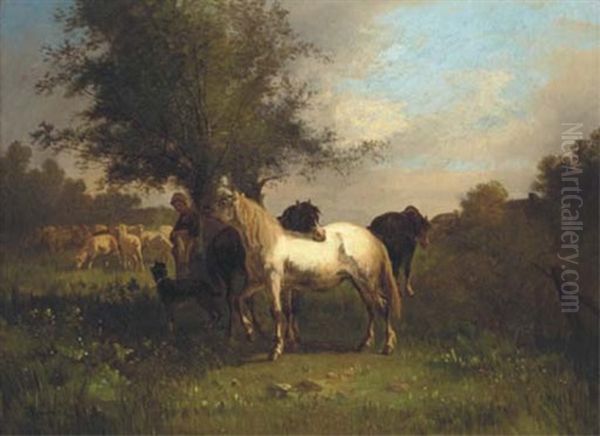 A Farm Girl With Horses And Sheep In A Field Oil Painting by Antonio Cortes Cordero