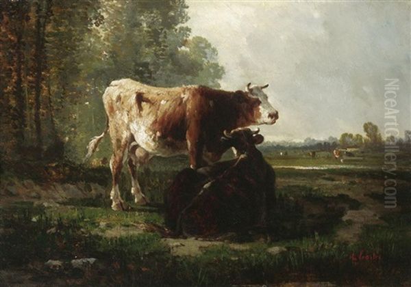 Weidende Kuhe Am Waldrand Oil Painting by Antonio Cortes Cordero